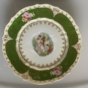 Antique Carl Tielsch Germany Porcelain Plate - Green & Gold Trim Romantic Scene